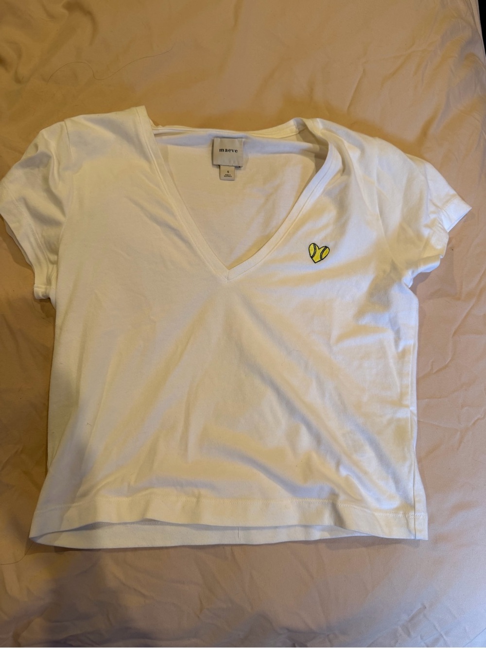 Maeve White V-Neck Tee with Yellow Heart Accent